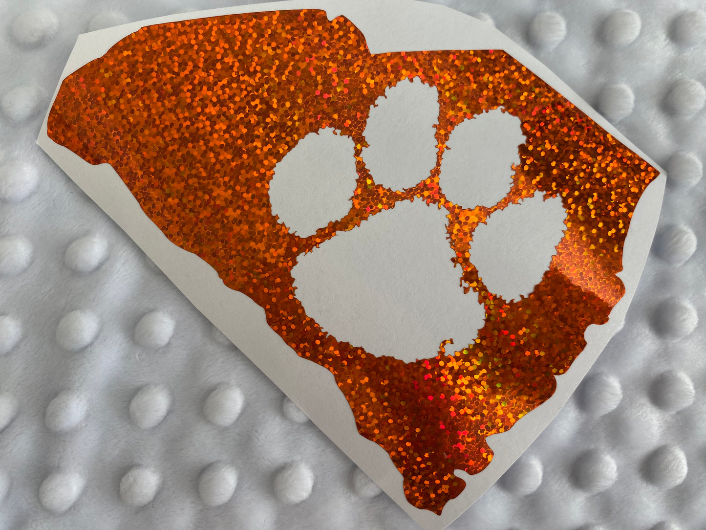 Clemson Tigers Orange Glitter Paw Vinyl Decal - South Carolina Outline