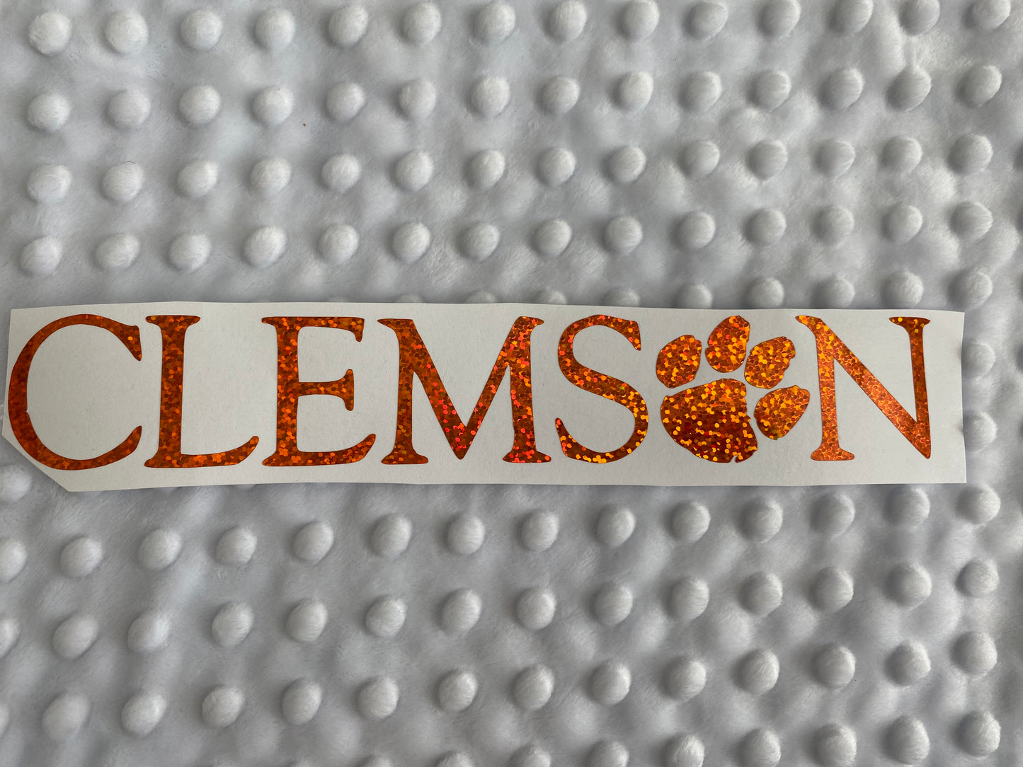 Clemson Tigers Orange Glitter Paw Vinyl Decal - "Clemson" "O" is Paw Print