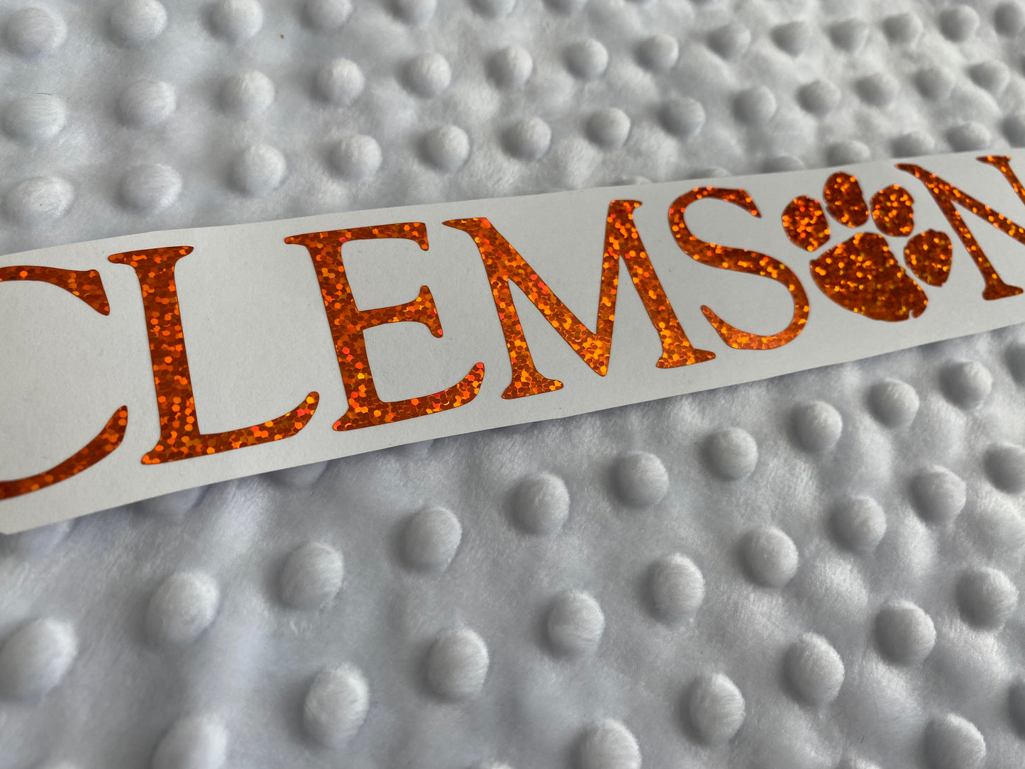 Clemson Tigers Orange Glitter Paw Vinyl Decal - "Clemson" "O" is Paw Print