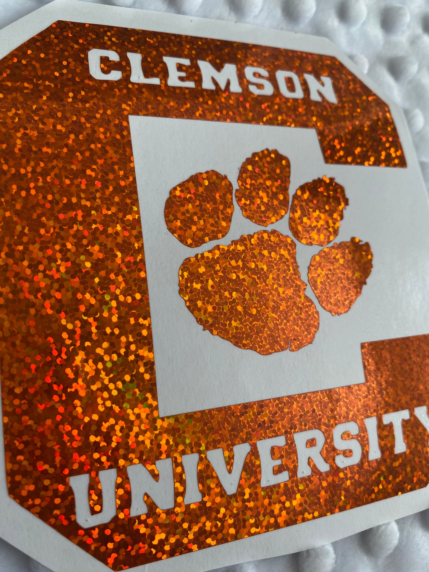 Clemson Tigers Orange Glitter Paw Vinyl Decal - "Clemson University"