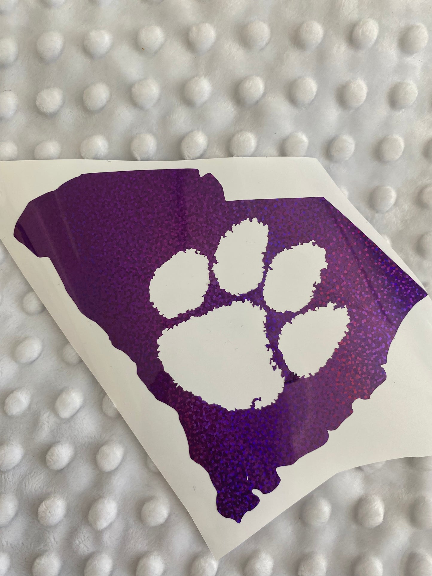 Clemson Tigers Purple Glitter Paw Vinyl Decal - South Carolina Outline