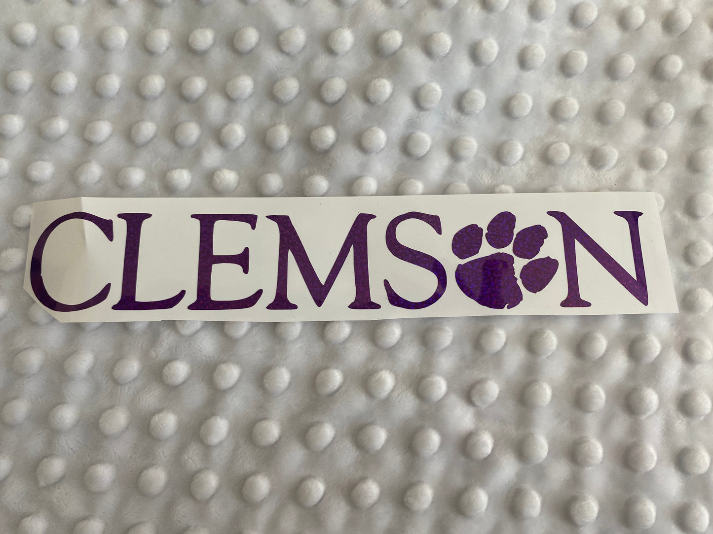 Clemson Tigers Purple Glitter Paw Vinyl Decal - "Clemson" "O" is Paw Print
