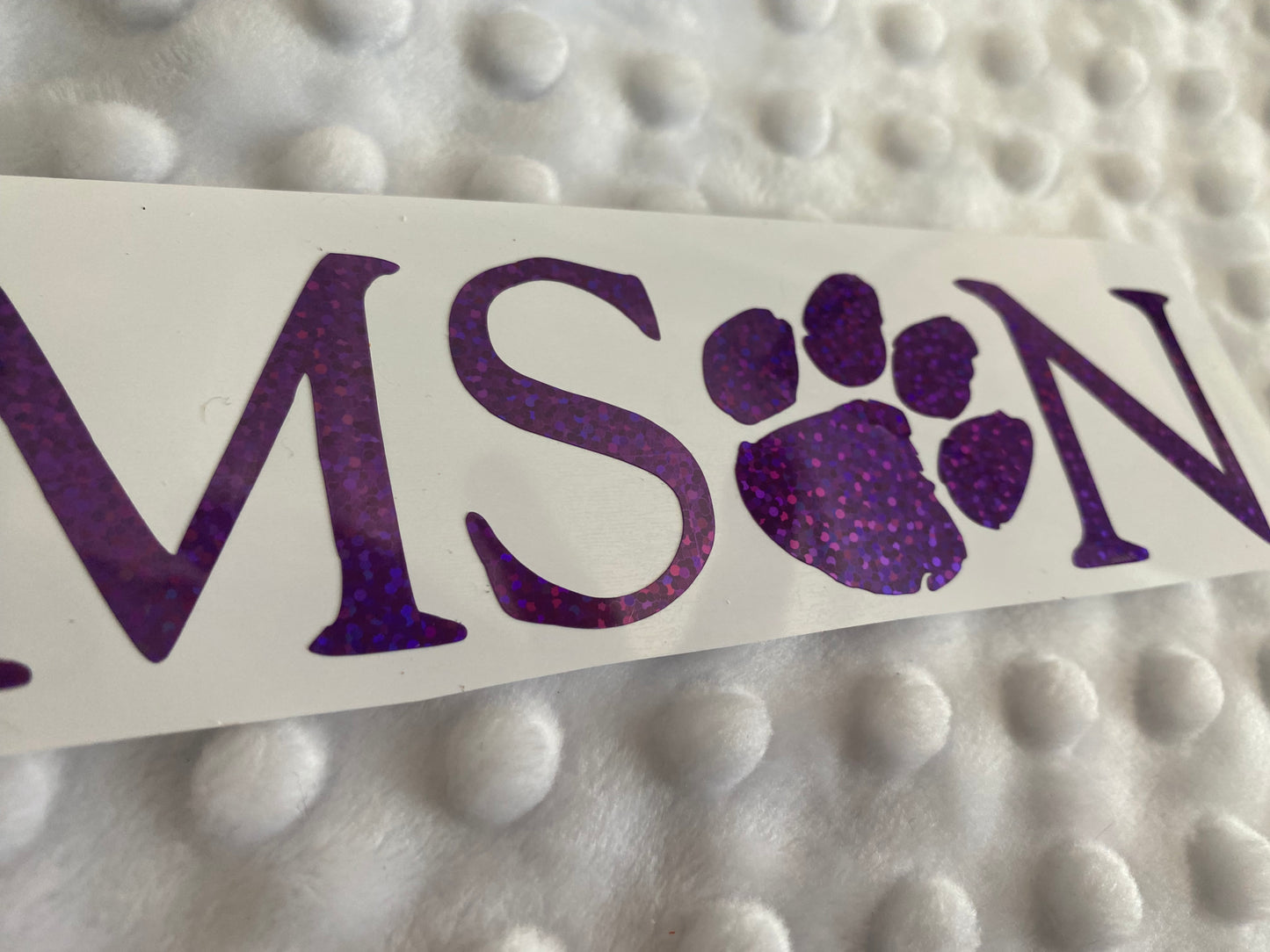 Clemson Tigers Purple Glitter Paw Vinyl Decal - "Clemson" "O" is Paw Print