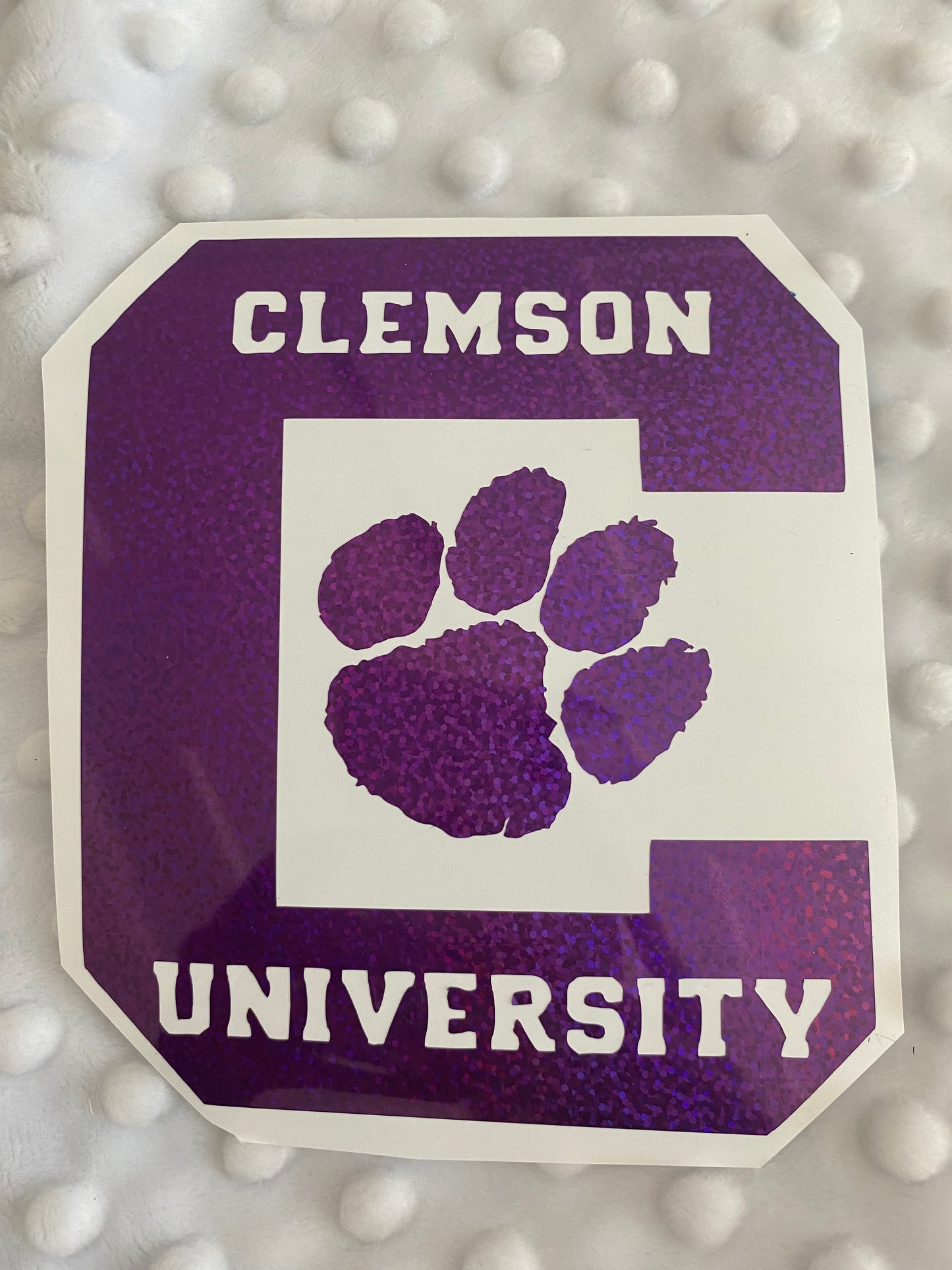 Clemson Tigers Purple Glitter Paw Vinyl Decal - "Clemson University"