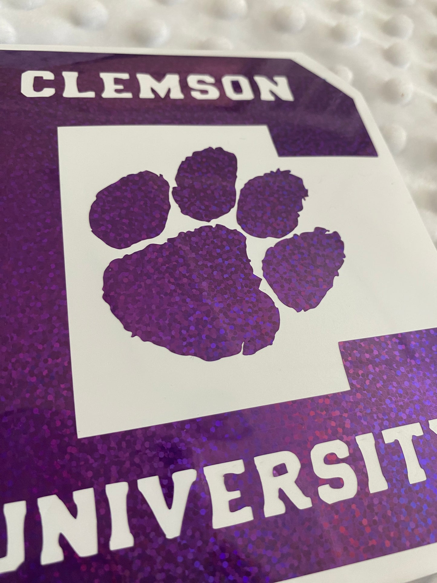 Clemson Tigers Purple Glitter Paw Vinyl Decal - "Clemson University"