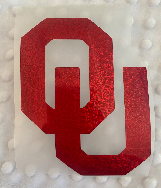 Oklahoma University Sooners, Red Glitter Vinyl Block Letter "OU" Logo Vinyl Decal