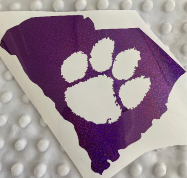 Clemson Tigers Purple Glitter Paw Vinyl Decal - South Carolina Outline