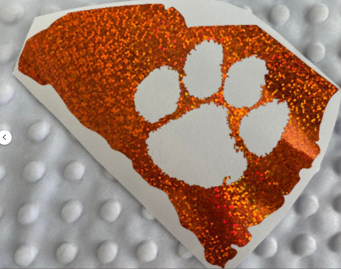 Clemson Tigers Orange Glitter Paw Vinyl Decal - South Carolina Outline