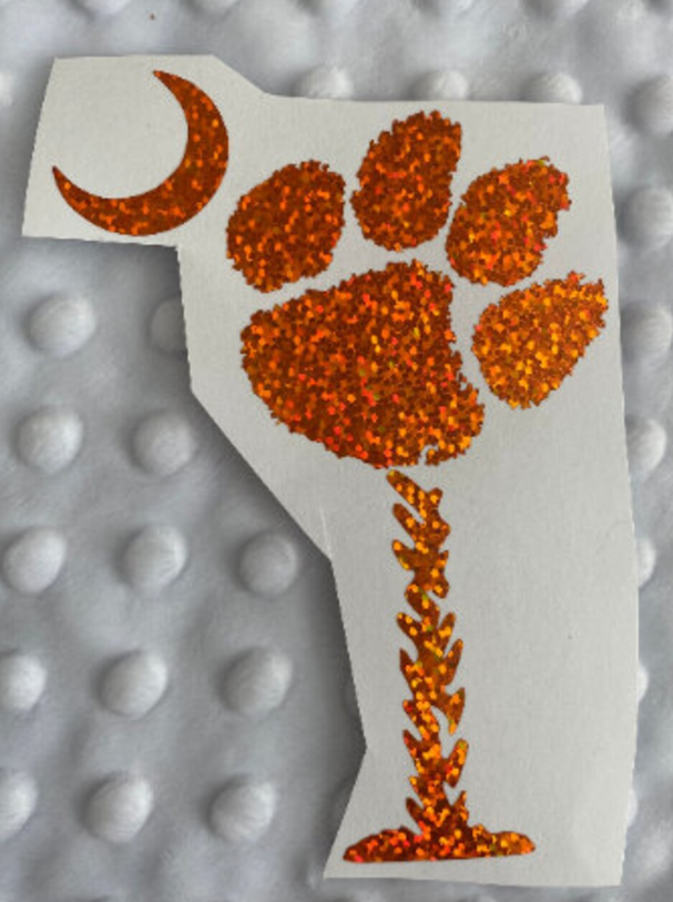 Clemson Tigers Orange Glitter Paw with Moon South Carolina Palmetto Tree Vinyl Decal