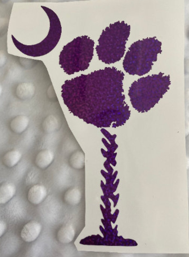 Clemson Tigers Purple Glitter Paw with Moon South Carolina Palmetto Tree Vinyl Decal