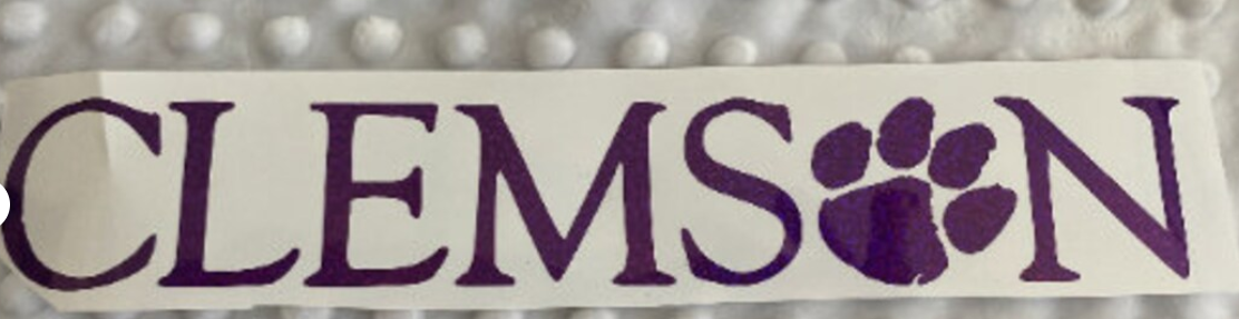 Clemson Tigers Purple Glitter Paw Vinyl Decal - "Clemson" "O" is Paw Print