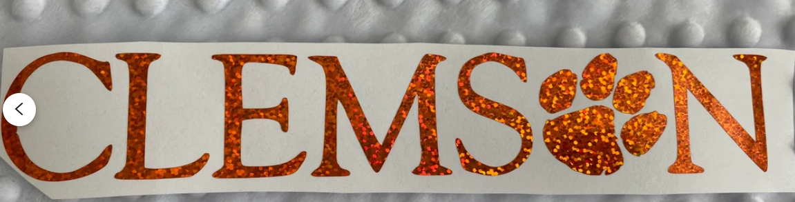 Clemson Tigers Orange Glitter Paw Vinyl Decal - "Clemson" "O" is Paw Print