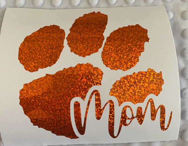 Clemson Tigers Orange Glitter Paw Vinyl Decal - Mom