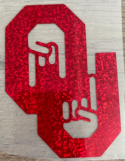 Oklahoma University Sooners, Red Glitter Vinyl Fingers Outline "OU" Logo Vinyl Decal