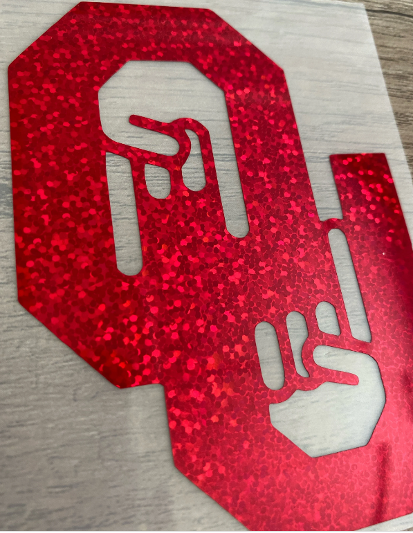 Oklahoma University Sooners, Red Glitter Vinyl Fingers Outline "OU" Logo Vinyl Decal
