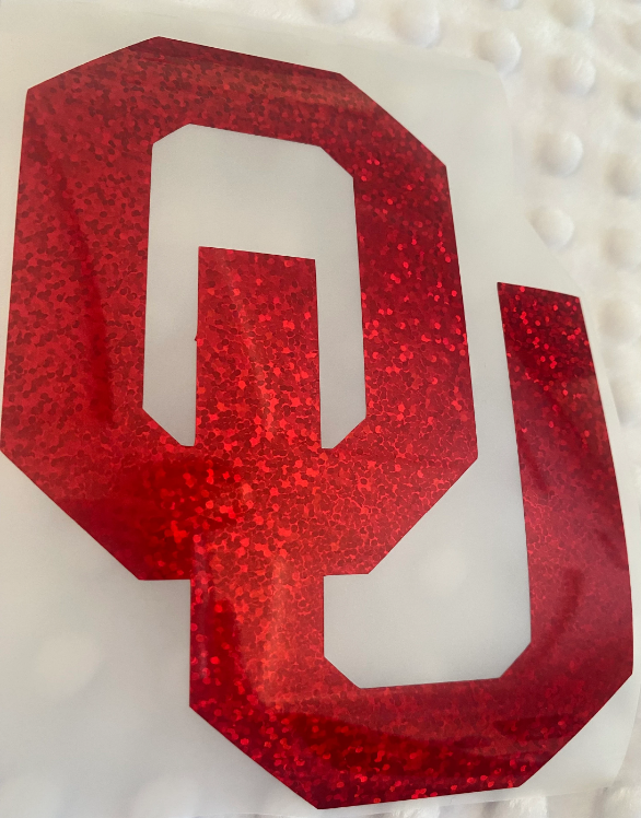 Oklahoma University Sooners, Red Glitter Vinyl Block Letter "OU" Logo Vinyl Decal