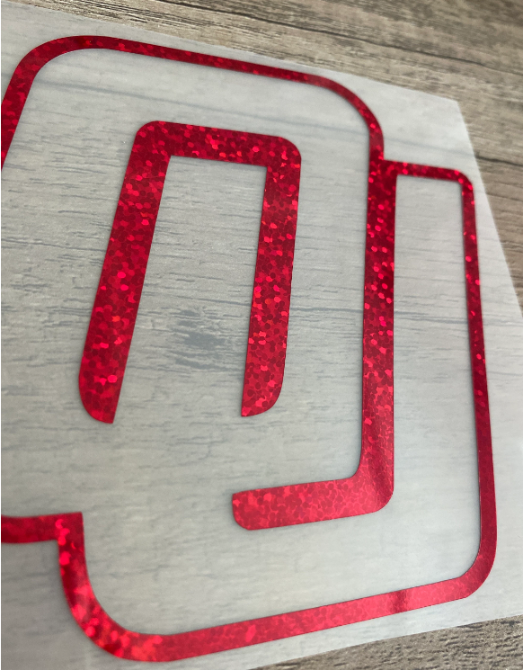 Oklahoma University Sooners, Red Glitter Vinyl Outline "OU" Logo Vinyl Decal