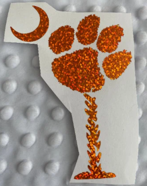 Clemson Tigers Orange Glitter Paw with Moon South Carolina Palmetto Tree Vinyl Decal