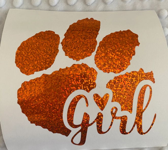 Clemson Tigers Orange Glitter Paw Vinyl Decal - Girl