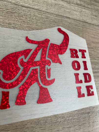 University of Alabama Crimson Tide, Red Glitter "A" "Roll Tide" "Elephant" Outline Logo Vinyl Decal