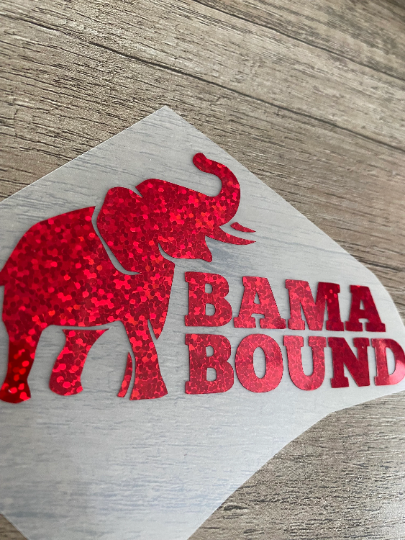 University of Alabama Crimson Tide, Red Glitter "Bama Bound" "Elephant" Outline Logo Vinyl Decal