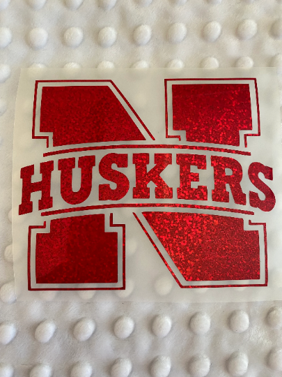 University of Nebraska Corn Huskers, "N" "Huskers" Logo Red Glitter Vinyl Decal