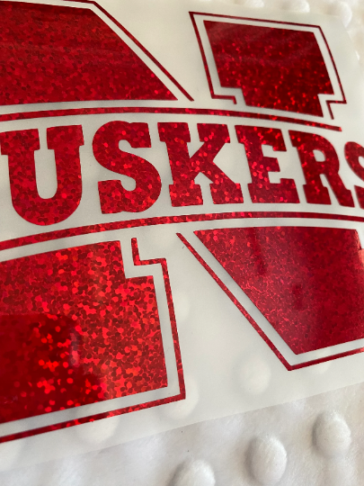 University of Nebraska Corn Huskers, "N" "Huskers" Logo Red Glitter Vinyl Decal