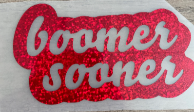 Oklahoma University Sooners, Red Glitter Vinyl "boomer sooner" Logo Vinyl Decal