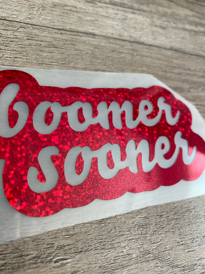 Oklahoma University Sooners, Red Glitter Vinyl "boomer sooner" Logo Vinyl Decal