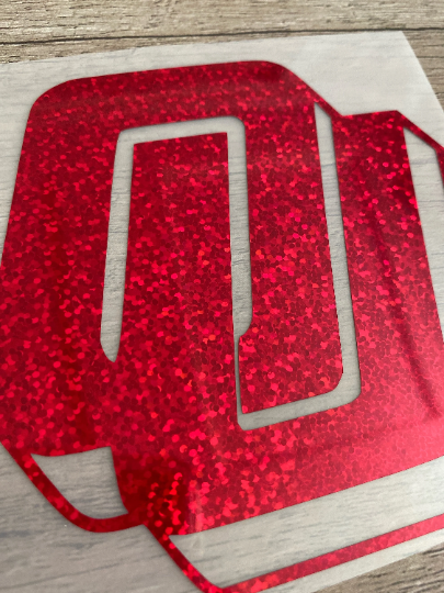 Oklahoma University Sooners, Red Glitter Vinyl "OU" Outline Logo Vinyl Decal