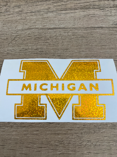 University of Michigan, Wolverines, Glitter Gold Vinyl "M" "Michigan" - Logo Decal
