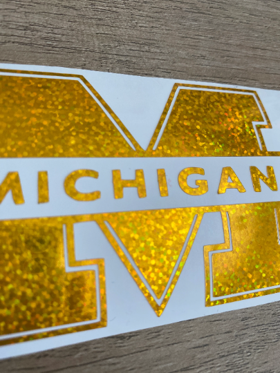 University of Michigan, Wolverines, Glitter Gold Vinyl "M" "Michigan" - Logo Decal