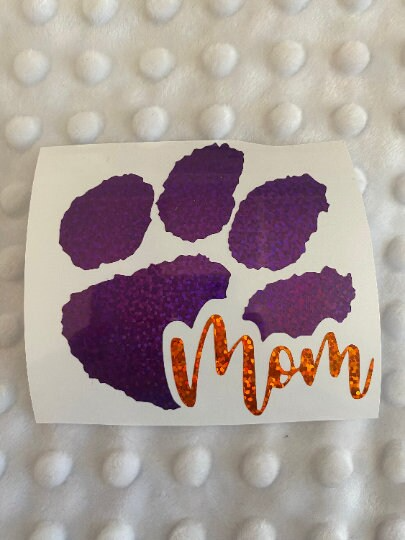 Clemson Tigers Purple Glitter Paw Vinyl Decal - Mom