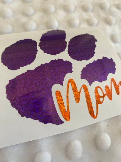 Clemson Tigers Purple Glitter Paw Vinyl Decal - Mom