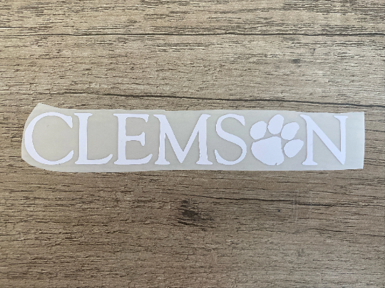 Clemson Tigers Matte White Vinyl Decal - "Clemson" "O" is Paw Print