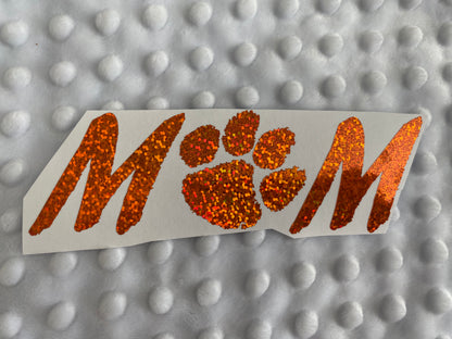 Clemson Tigers Orange Glitter Paw Vinyl Decal - Mom - "O" is Paw Print