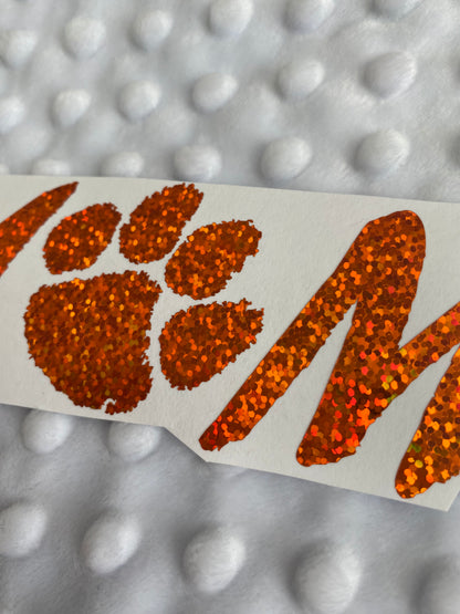 Clemson Tigers Orange Glitter Paw Vinyl Decal - Mom - "O" is Paw Print
