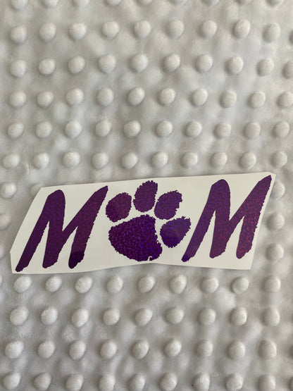 Clemson Tigers Purple Glitter Paw Vinyl Decal - Mom - "O" is Paw Print