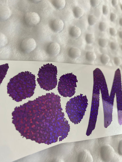 Clemson Tigers Purple Glitter Paw Vinyl Decal - Mom - "O" is Paw Print