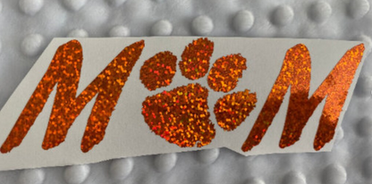 Clemson Tigers Orange Glitter Paw Vinyl Decal - Mom - "O" is Paw Print