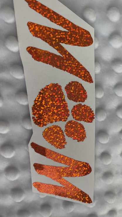 Clemson Tigers Orange Glitter Paw Vinyl Decal - Mom - "O" is Paw Print
