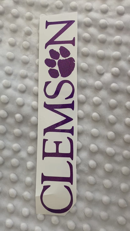 Clemson Tigers Purple Glitter Paw Vinyl Decal - "Clemson" "O" is Paw Print
